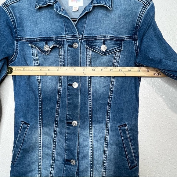 LULAROE Womens XXS Jaxon Denim Jean Jacket Colorful Aztec Embroidery Stretch - Picture 9 of 11